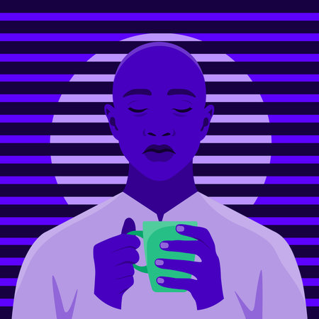 A sleepy and tired African man is holding a cup of coffee at night. Insomnia. An overworked freelancer. Vector flat illustrationのイラスト素材