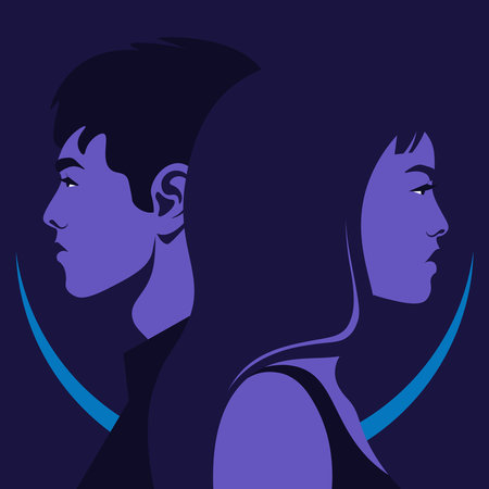 Profiles of young Asian couple. Woman and man. Family relationships and gender conflict. Psychology. Husband and wife. Divorce. Vector flat illustrationのイラスト素材