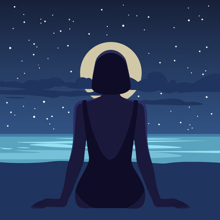 An Asian woman sits alone on a sandy beach at night, enjoying the view of the sea. View from the back. Summer vacation at southern resorts. Vector flat illustrationのイラスト素材