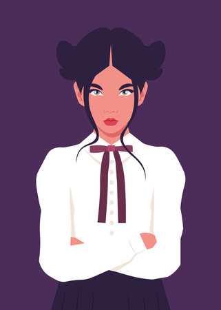 Portrait of a Hispanic discontent schoolgirl. Cheeky teenager in a school uniform. School bullying. Vector flat illustrationのイラスト素材
