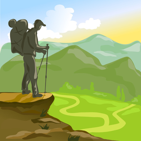 Trekking man with a backpack in the mountains. のイラスト素材