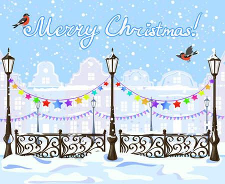 Christmas vintage winter city with decorations. vector illustrationのイラスト素材