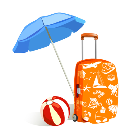 suitcase with elements of travel and sun umbrella. vector illustrationのイラスト素材
