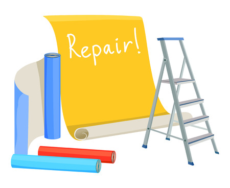home renovation, ladder, rolls of wallpaper.vector illustrationのイラスト素材