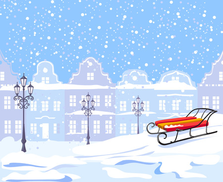 Vintage winter city and sled. vector illustrationのイラスト素材