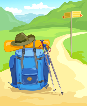 trail in the mountains, tourist backpack traveler. vector illustrationのイラスト素材