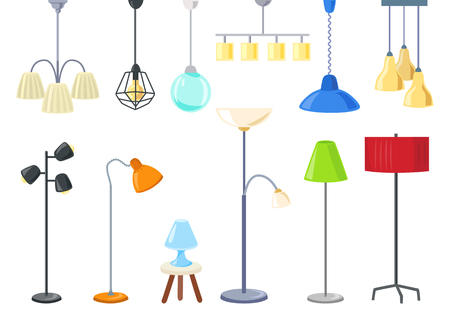 set of modern electric lamps, chandeliers, floor lamps. Isolated. vector illustrationのイラスト素材