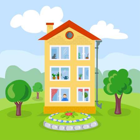 cartoon house on the landscaped area. vector illustrationのイラスト素材