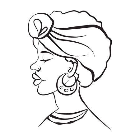 african girl portrait, sketch linear, isolated. vector illustrationのイラスト素材