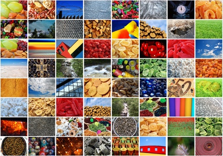Photo collage - Background and pattern full color: fruits, wood, sky, architectural detail, money, candles, pin, spice, desert, frost...の写真素材
