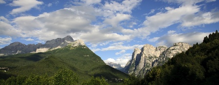 The mountains around Agordo, in the heart of the Dolomites: Monte Agner (left) and Pale di San Lucano (right). The Dolomites (Dolomiti,  Dolomiten) are a section of the Alps. They are located in north-eastern Italy).の写真素材