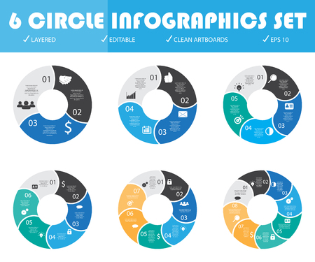 Vector circle arrows for infographic. Template for cycling diagram, graph, presentation and round chart. Business concept with 3, 4, 5, 6, 7, 8 options, parts, steps or processes. Abstract background.のイラスト素材