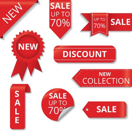 New, sale, discount and new collection tag on red ribbon realistic and banner vector.のイラスト素材
