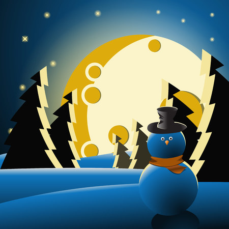 Snowman in the forest at night in the moonlightのイラスト素材