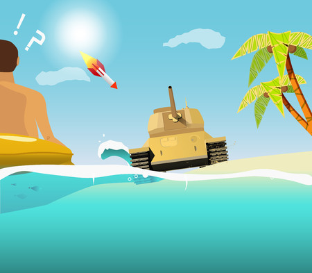 The sudden intrusion of the tank on the beach. The attack in paradiseのイラスト素材