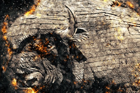 Burning wood bison. Enraged by the flaming symbol of the buffaloの写真素材