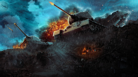Two battle tanks in a hot flameの写真素材