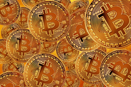 Flying Bitcoin as the most important cryptocurrency concept. Crypto currency Gold Bitcoin, BTC, Bit Coin. Close-up Blockchain technology, bitcoin mining concept. Bitcoin on Golden backgroundの写真素材
