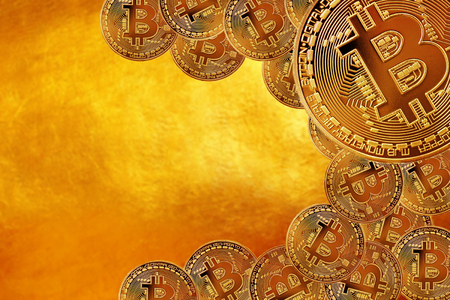 Flying Bitcoin as the most important cryptocurrency concept. Crypto currency Gold Bitcoin, BTC, Bit Coin. Close-up Blockchain technology, bitcoin mining concept. Bitcoin on Golden backgroundの写真素材