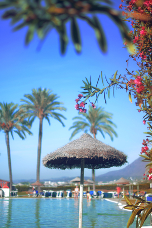 Straw hat, sun glasses on the lounger, near pool. At the background palm trees and mountains. The best rest, sunburn, sunny day, travel, paradise. First minut.の写真素材
