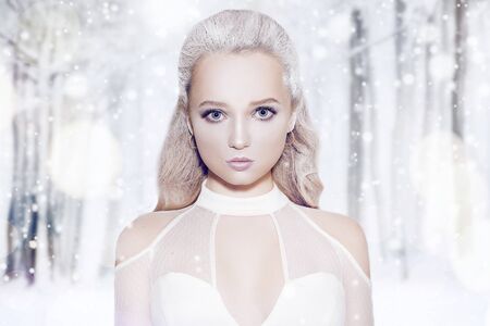 Snow queen on a magic background. Winter woman in a chic white dress, and snowy hair. Girl with blue make-up in a fairy tale. Snow, winter, beauty, cosmetics in the cold.の写真素材