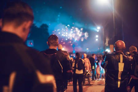Bikers go to look at the fireworks. Strong men admire beauty. Holidayの写真素材