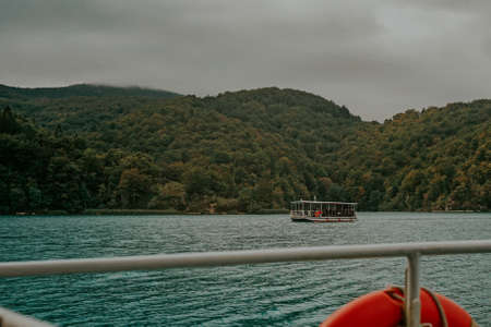 Nice view in Plitvice Lakes Park. Croatia. Lakes and water view from ship to shipの写真素材