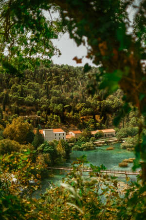 View of the Krka park in Croatia. Waterfall and trees in the mountainsの写真素材