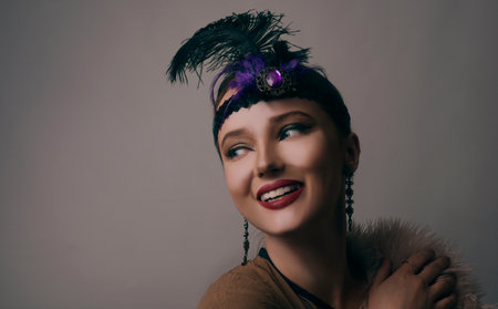 Girl in the 90s style, chicago style. Hat, headband with decorative feathers on the head. Incredible...