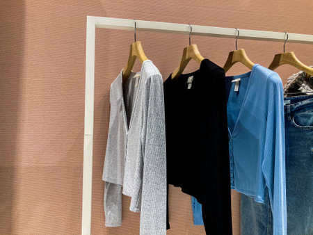 Clothes on hangers in the store. Basic wardrobe sweatshirts hanging on a hangerの写真素材