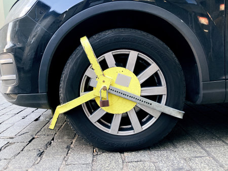 Car wheel blocked by wheel lock because illegal parking violation Wheel lock for anti-theft with the car on the road or concrete floor.の写真素材