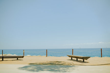 Empty beach on a sunny day and a shop.の写真素材