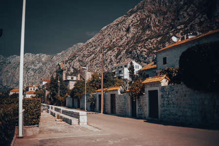 Montenegro. Dobrota 09.24.2021. Streets of montenegro, houses near the water houses in the mountains. Streets and alleys.の写真素材