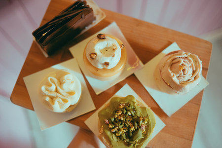 A variety of desserts from a bakery on a plank on a pink background. Diet and sweets. Many delicious sweets, beautiful round multicolored cakesの写真素材