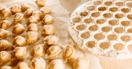 Making homemade dumpling dough. The rolling pin rolls out dough, flour and a mold for dumplings or ravioli. Home cooking food. National cuisine.の写真素材