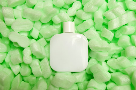 polystyrene granular packaging filler for parcels, Protective Packaging. Glass perfume protection, sterilized glasses. Green packagingの写真素材
