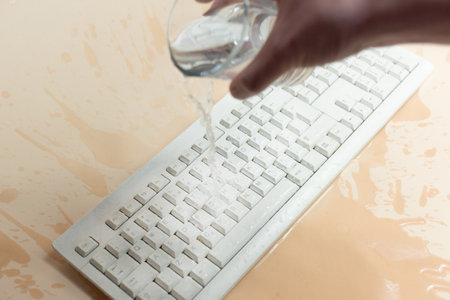 Keyboard in the water, waterproof keyboard, spilled water on the computer. I flooded the keyboard with liquid, what to do.の写真素材