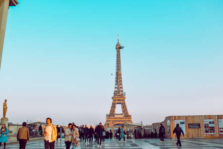 PARIS, FRANCE, March 8, 2022. The Eiffel Tower against a perfectly blue sky. Beauty travel in Paris, touristic place.のeditorial素材