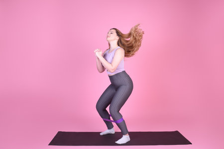 A beautiful body-positive girl on a pink background in a full-length sports suit goes in for sports, elastic bands for training, leg exercises, fitnessの写真素材