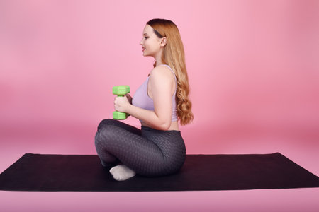 A beautiful body-positive girl on a pink background in a tracksuit goes in for sports, weights for training, exercises, fitness sports, yoga matの写真素材