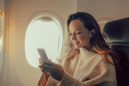 A beautiful girl is sitting in an airplane looking at the phone, reading a book or playing games. Air travel, long flight.の写真素材