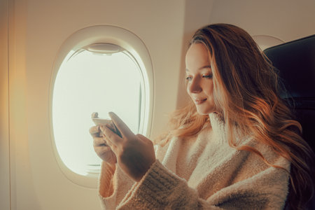 A beautiful girl is sitting in an airplane looking at the phone, reading a book or playing games. Air travel, long flight.の写真素材