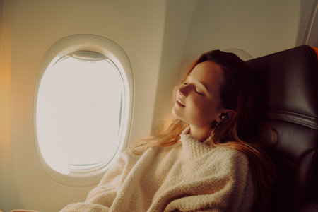 A beautiful girl sits in an airplane at the window and sleeps while listening to music or an offline podcast. Tourist travel.の写真素材