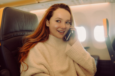 A beautiful brunette in an airplane calls before the flight. The girl calls after the plane lands. journey.の写真素材