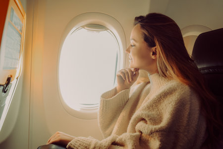 A beautiful girl sits in an airplane at the window and looks at the view. Tourist travel.の写真素材