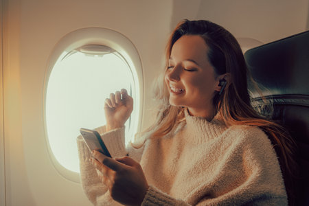 A beautiful girl is sitting in an airplane at the window listening to music or a podcast offline. Tourist travel.の写真素材