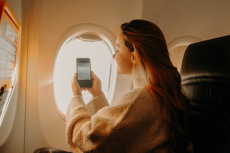 The girl sits on the plane and takes a photo on the phone. Travel.の写真素材