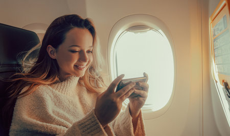 A beautiful girl is sitting in an airplane looking at the phone, reading a book or playing games. Air travel, long flight.の写真素材