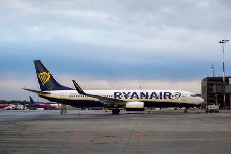 France. Paris. 10/03/2022. Ryanair plane at the airport. Airplane getting ready to take offのeditorial素材