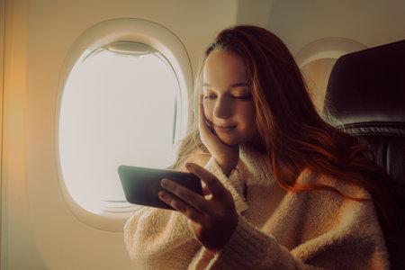 A beautiful girl is sitting in an airplane looking at the phone, reading a book or playing games. Air travel, long flight.の写真素材